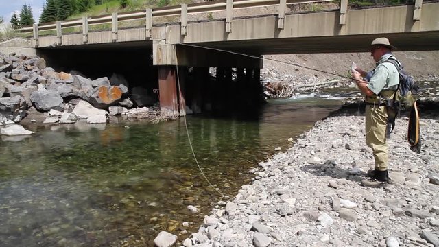 Solitary, eager, and hopeful Fly fisherman ties on a fly prior to commencing fishing on a bridge pool on Michel Creek in the Kootenay region of southeastern British Columbia.