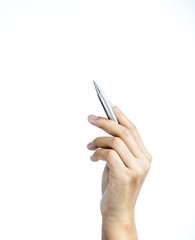 Young woman hand holding the silver pen on white background