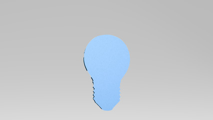 BULB from a perspective on the wall. A thick sculpture made of metallic materials of 3D rendering for illustration and background