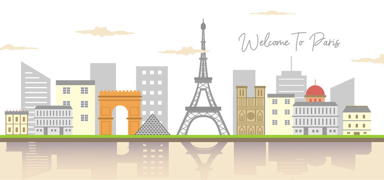 Beautiful panoramic of romantic landscape view of the Eiffel Tower and Seine River during sunny day. Paris, France. Urban sketch. Vector design colorful illustration