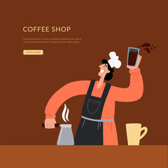A barista in a cafe makes coffee. Landing page mockup for cafeteria, online store or coffee shop restaurant. Coffee shop website banner template, flat vector illustration.