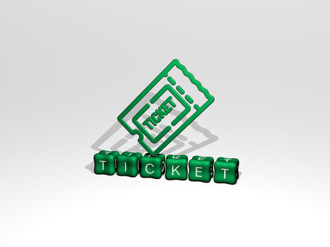 ticket 3D icon on cubic text, 3D illustration for background and design