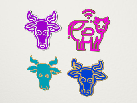 cattle 4 icons set, 3D illustration for animal and cow