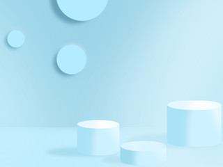 3 stand display on blue wall background. Show product. 