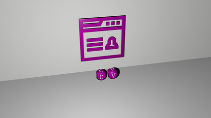 Naklejka premium CV 3D icon on the wall and text of cubic alphabets on the floor, 3D illustration for business and resume
