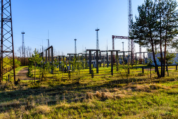 Obraz premium View on high voltage distribution substation of the factory