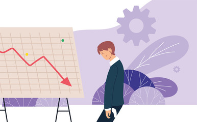 businessman with headache and decrease arrow on board with leaves vector design