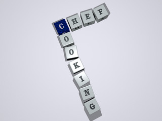 chef cooking crossword by cubic dice letters, 3D illustration for food and background