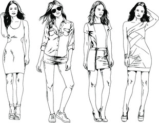 vector drawings on the theme of beautiful slim sporty girl in casual clothes in various poses painted ink hand sketch with no background