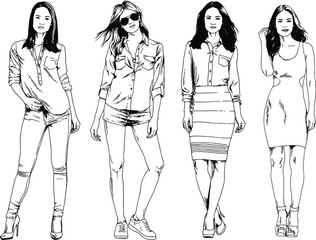 beautiful slim girl in casual clothes, drawn in ink by hand on a white background