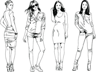 beautiful slim girl in casual clothes, drawn in ink by hand on a white background