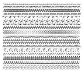 Sewing stitch. Black and white embroidery and sew seamless pattern. Machine thread overlock zigzag seam element. Sewing stitch big set illustration. Vector line border isolated on white background