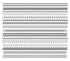 Sewing stitch. Black and white embroidery and sew seamless pattern. Machine thread overlock zigzag seam element. Sewing stitch big set illustration. Vector line border isolated on white background