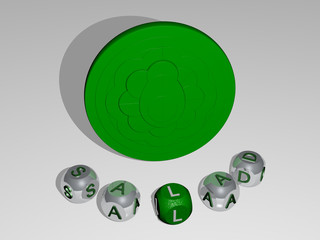 salad round text of cubic letters around 3D icon, 3D illustration for food and background