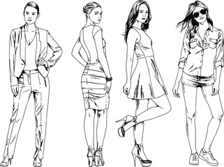 vector drawings on the theme of beautiful slim sporty girl in casual clothes in various poses painted ink hand sketch with no background