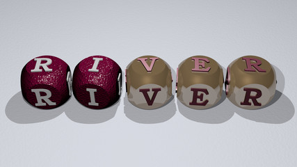 crosswords of river arranged by cubic letters on a mirror floor, concept meaning and presentation for bridge and city