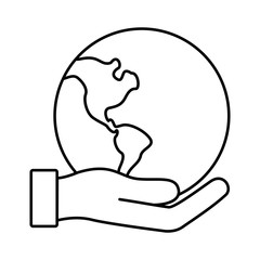 hand lifting world planet earth with america continent map line style icon