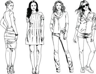 vector drawings on the theme of beautiful slim sporty girl in casual clothes in various poses painted ink hand sketch with no background