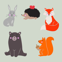 Group of cute looking forest animals. Vector art.