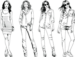 vector drawings on the theme of beautiful slim sporty girl in casual clothes in various poses painted ink hand sketch with no background