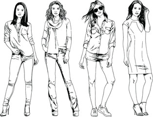 vector drawings on the theme of beautiful slim sporty girl in casual clothes in various poses painted ink hand sketch with no background