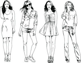 vector drawings on the theme of beautiful slim sporty girl in casual clothes in various poses painted ink hand sketch with no background