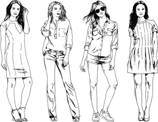 vector drawings on the theme of beautiful slim sporty girl in casual clothes in various poses painted ink hand sketch with no background