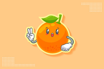 WOW, SURPRISED, AMAZED, DISMAY Face Emotion. Peace Hand Gesture. Orange, Citrus Fruit Cartoon Drawing Mascot Illustration.