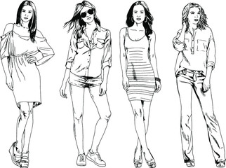 vector drawings on the theme of beautiful slim sporty girl in casual clothes in various poses painted ink hand sketch with no background