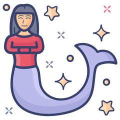 
An aquatic creature, mermaid icon in flat style 
