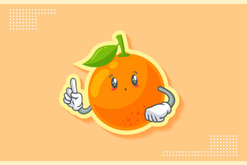 UH , OH, GASP Face Emotion. Forefinger Hand Gesture. Orange, Citrus Fruit Cartoon Drawing Mascot Illustration.