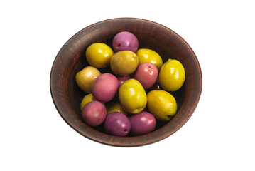 Olives in ceramic brown bowl isolated on white
