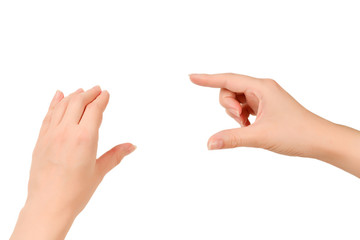 Hand of woman hold something isolated on white.