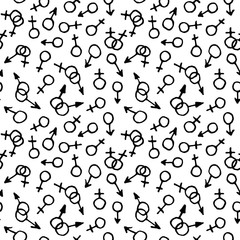 Seamless pattern with female and male gender symbols hand drawn outline doodle icon. Sex and love diversity concept. Symbol of LGBT. Background and texture for print, web, mobile and infographics