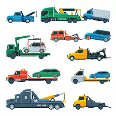 Wall murals Boys room Tow Trucks Set, Evacuation Vehicles Transporting Cars, Road Assistance Service, Side View Flat Vector Illustration