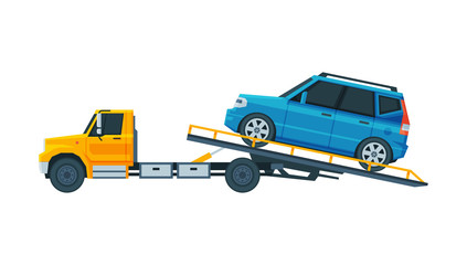 Blue Car Evacuating on Tow Truck, Roadside Assistance Service Flat Vector Illustration