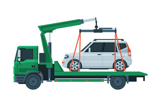 Tow Truck Evacuating White Car, Road Assistance and Evacuation Service Flat Vector Illustration