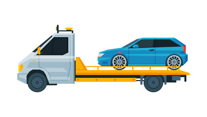 Blue Car Transporting on Tow Truck, Roadside Assistance Service Flat Vector Illustration