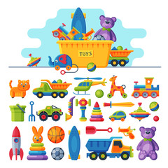 Cute Colorful Toys Collection, Box with Various Colorful Baby Toys Flat Vector Illustration