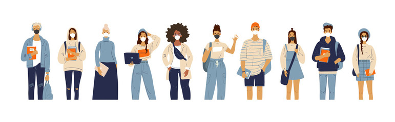 Obraz premium People of different ages and nationalities with medical masks on their faces. Protection against infections and viruses. Flat vector illustration. Protective measures during the coronavirus epidemic.