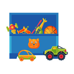 Box with Various Colorful Toys, Plastic Container with Helicopter, Ball, Cars, Gun Flat Vector Illustration
