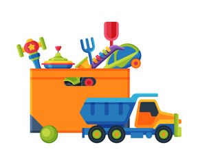 Naklejka premium Box with Various Colorful Toys, Plastic Container with Truck, Car, Shovel, Ball, Whirligig Flat Vector Illustration