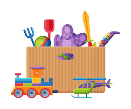 Box with Various Colorful Toys, Plastic Container with Train, Helicopter, Teddy Bear, Saxophone, Sword Flat Vector Illustration