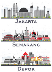 Three Indonesian City Set. Semarang, Jakarta and Depok City Skyline with Color Buildings Isolated on White.