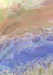 Fototapeta premium Watercolor abstract painting with pastel colors. Soft color painted illustration of calming composition for poster, wall art, banner, card, book cover or packaging. Modern brush strokes painting.