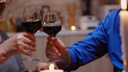 Close up of clinking red wine glasses during romantic dinner. Happy cheerful senior elderly couple dining together in the cozy kitchen, enjoying the meal, celebrating their anniversary.