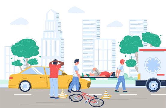 Bicycle accident cyclist collision with car, vector flat illustration. Paramedic emergency medical team rescuing injured patient transporting him to hospital on stretcher. Traffic accident, bike crash
