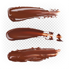 Different strokes of liquid chocolate, strokes in top view. Vector realistic illustration isolated on white background.