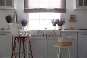 Beautiful lavender flowers on countertop near sink in stylish kitchen interior