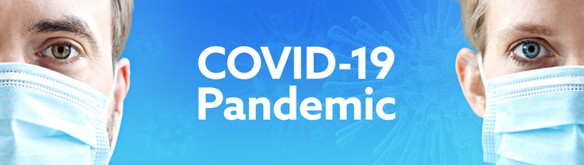 COVID-19 Pandemic. Faces of man and woman with face mask. Couple wearing breathing mask. Blue background with text. Covid-19, coronavirus